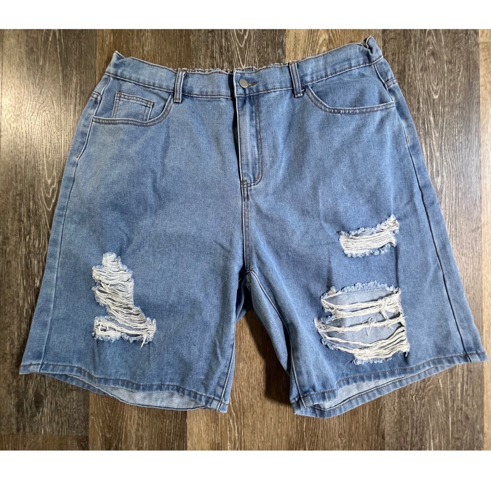 Shein Denim Shorts Women 3XL Blue Distressed Ripped High Waist Bermuda 4707